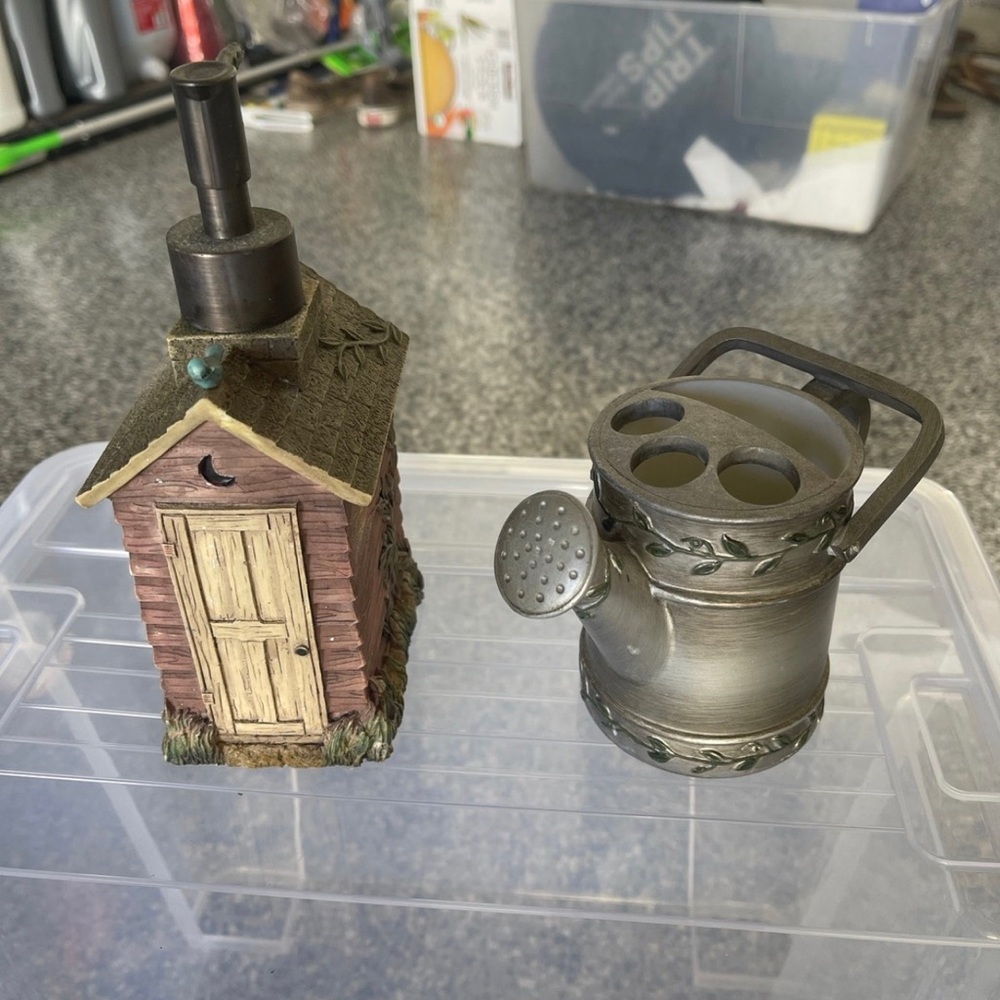 Rustic Outhouse Soap Dispenser and Watering Can Toothbrush Holder Set